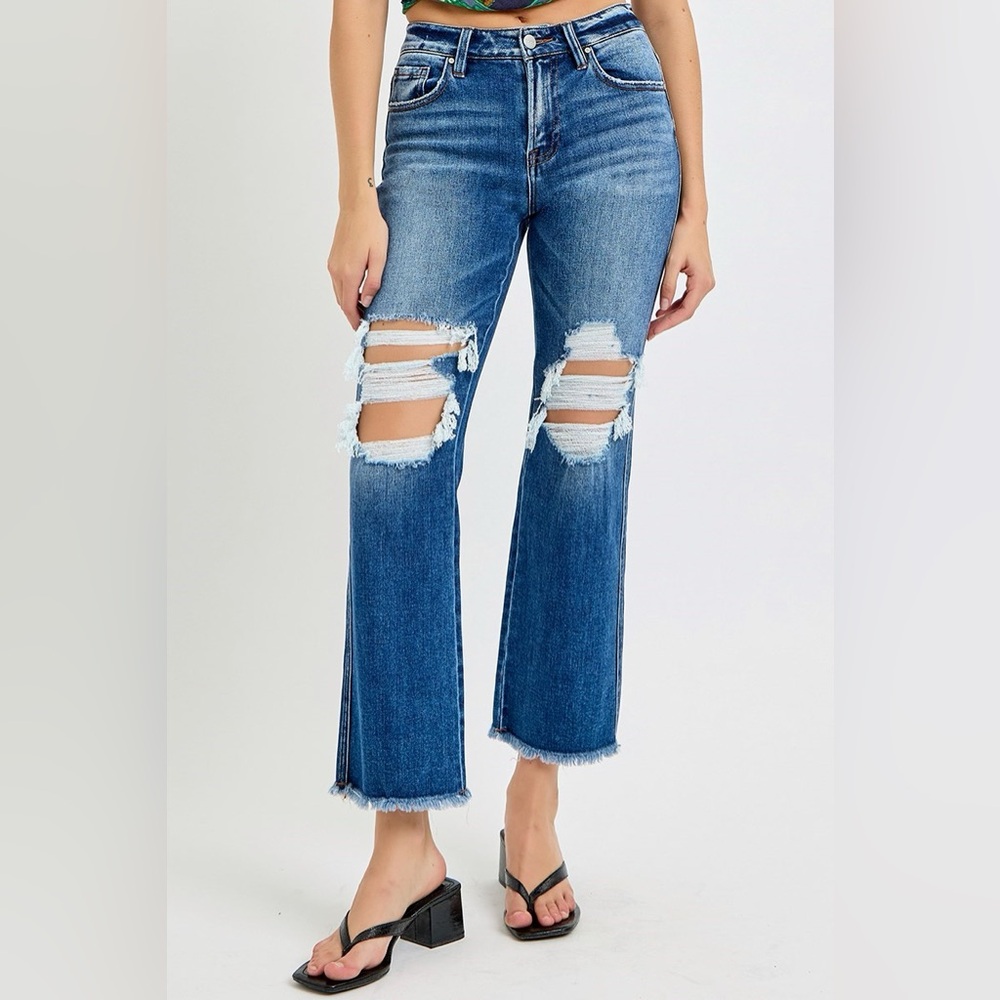 Distressed High-Rise Risen Cropped Jeans